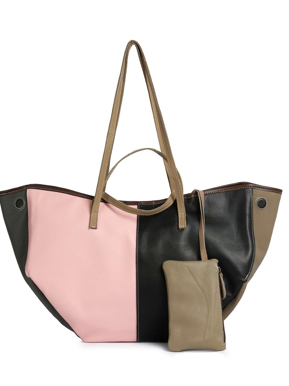 Colorblock Leather Tote Bag with Wrist Pouch - Pink/Black/Taupe